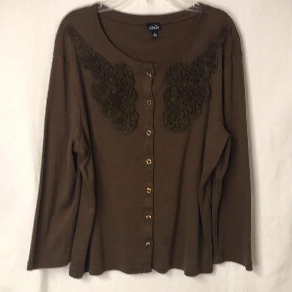 Rafaella Women’s Cardigan Sweater with Fabric Flower detail Brown Size L EUC